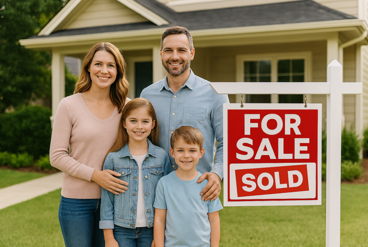 Central Florida Family Buying New Home With Sold Sign After Getting Mortgage